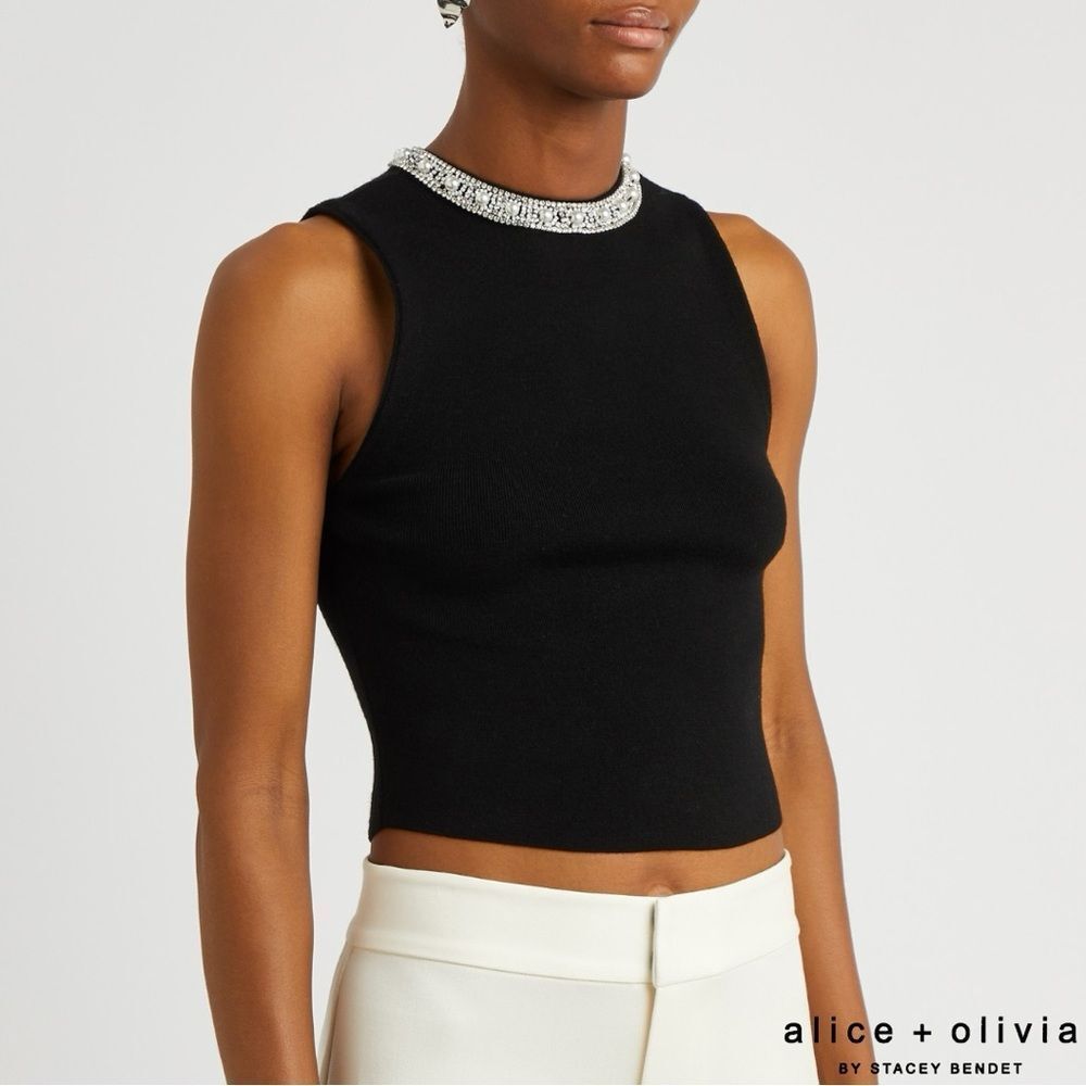 Alice + Olivia **Nwt** Amity Crop Wool Blend Embellished Tank In Black